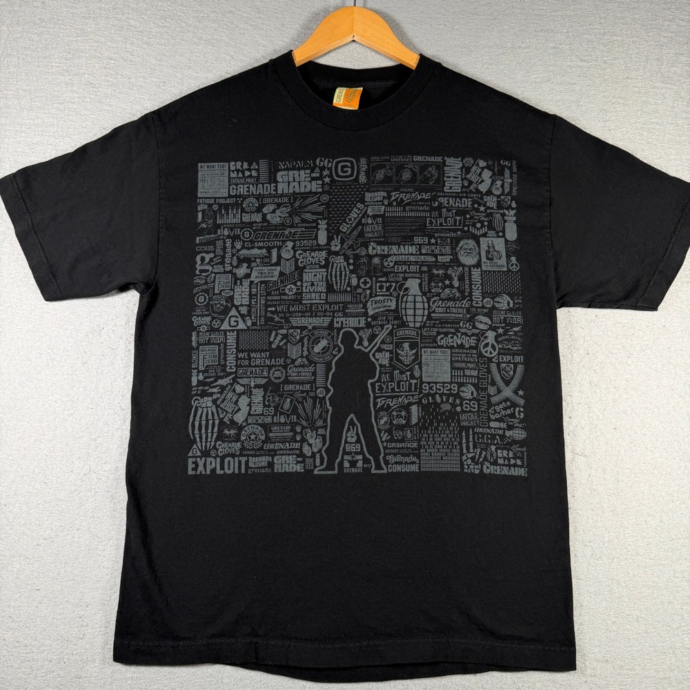 Grenade Gloves Mens Black Graphic T-Shirt Tactical Collage Print Large 2007/2008